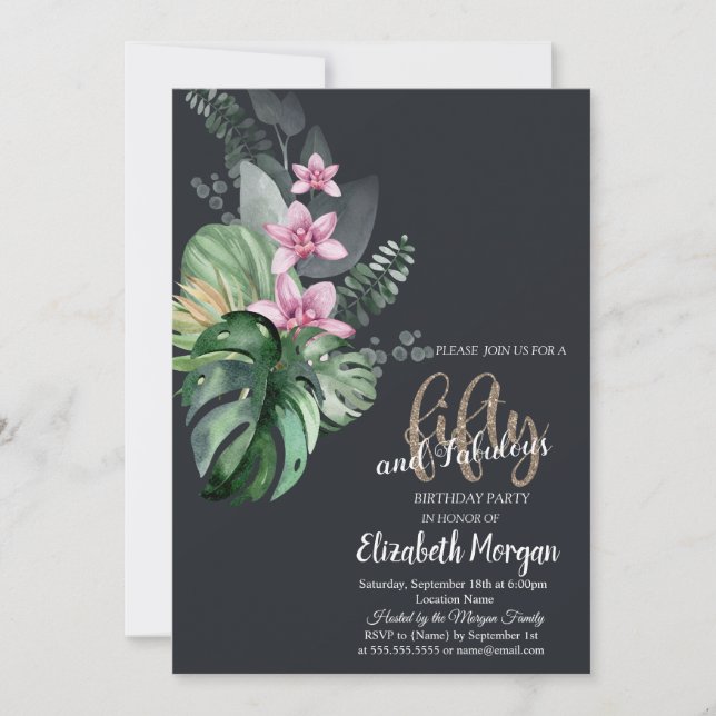 Convite Flores Tropicais Escuro 50º Aniversário (Frente)