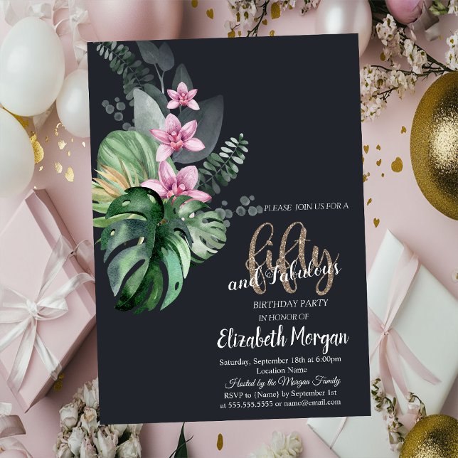 Convite Flores Tropicais Escuro 50º Aniversário (Criador carregado)