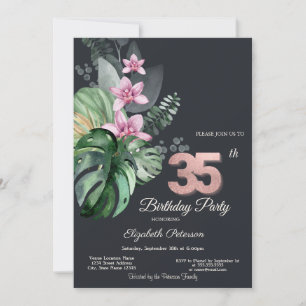 Convite Flores Tropicais Escuro Aniversário de 35 anos