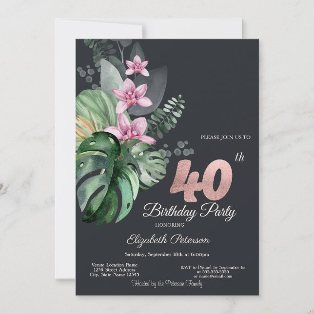 Convite Flores Tropicais Escuro Aniversário de 40 anos (Frente)