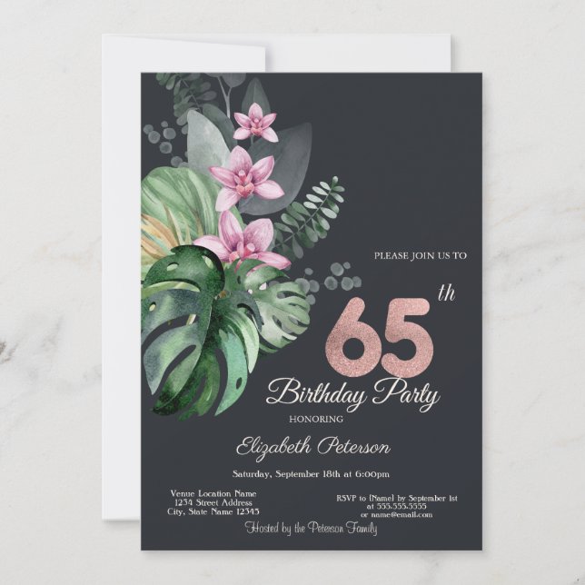 Convite Flores Tropicais Escuro Aniversário de 65 anos (Frente)