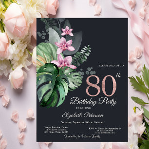 Convite Flores Tropicais Escuro Aniversário de 80 anos