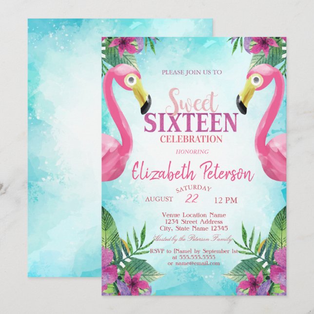 Convite Flores Tropicais Flamingos Rosa Festa Sweet 16 (Frente/Verso)