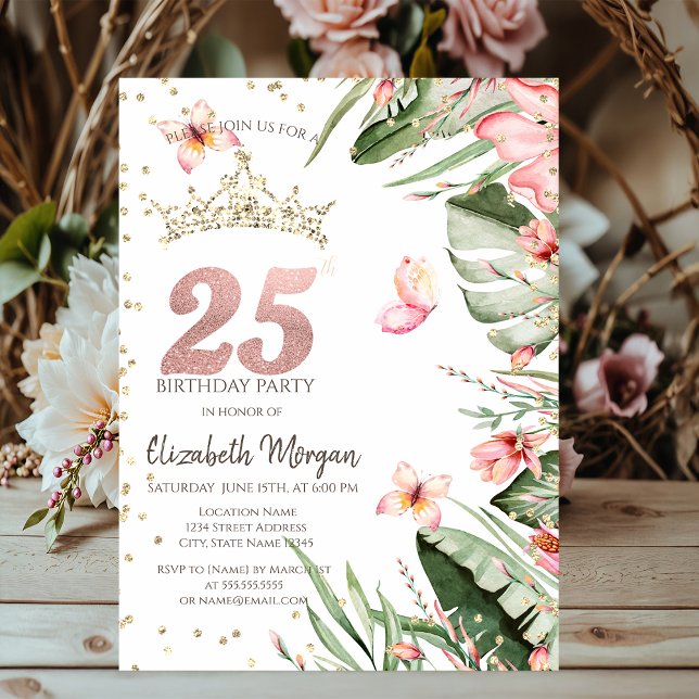 Convite Flores Tropicais Folhas Diamantes 25º Aniversário (Criador carregado)