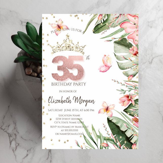 Convite Flores Tropicais Folhas Diamantes 35º Aniversário (Criador carregado)