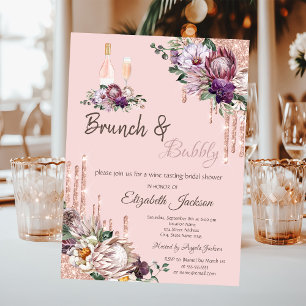 Convite Flores Tropicais Gotejam Brunch Rosa & Espumante