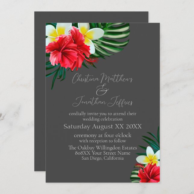 Convite Flores tropicais havaianas em Cinzas Elegantes (Frente/Verso)