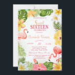 Convite Flores Tropicais Palm Flamingos Doce 16<br><div class="desc">Flores tropicais com folhas de palma e flamingos. Este convite é facilmente personalizado para o seu evento simplesmente adicionando os seus detalhes.</div>