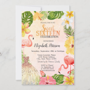 Convite Flores Tropicais Palm Flamingos Vestidos Doce 16