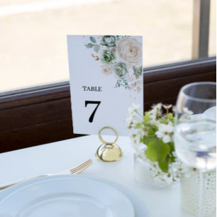 Convite Flores Verde e Brancas Números de Mesa de Casament