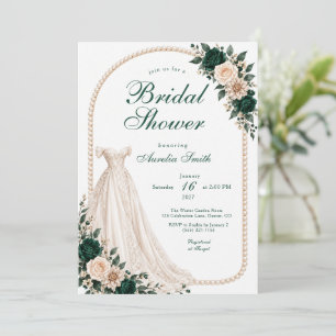 Convite Flores Verde Esmeralda, Vestido e Pérolas Chá de N