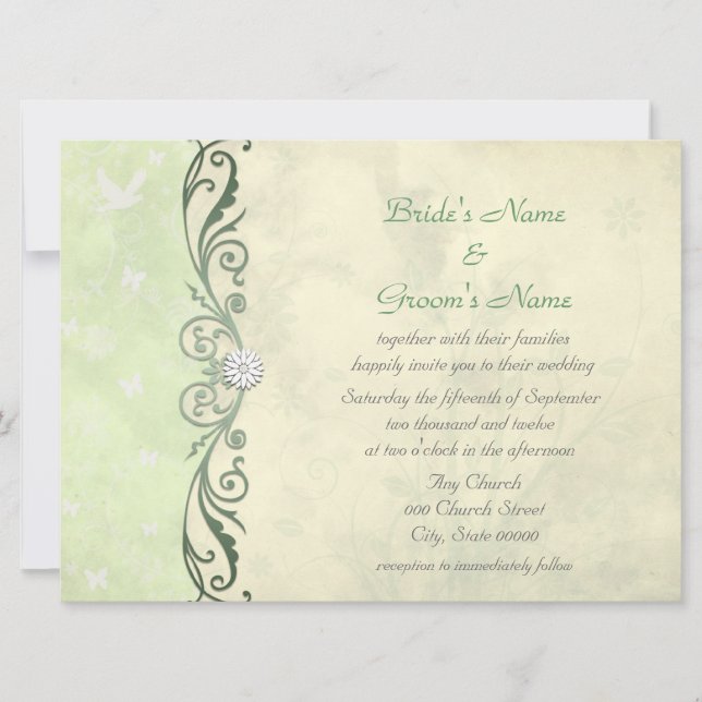 Convite Flores Verde Lima e Amarelo no Casamento de Primav (Frente)