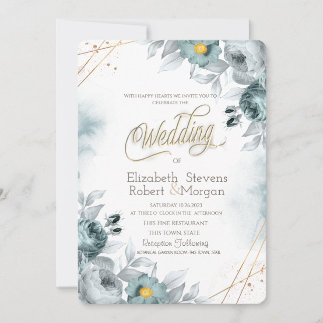 Convite Flores Verde-Menta em Aquarela (Frente)