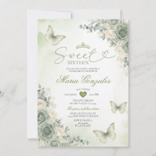 Convite Flores Verde Sage Borboleta Garota Sweet Sixteen