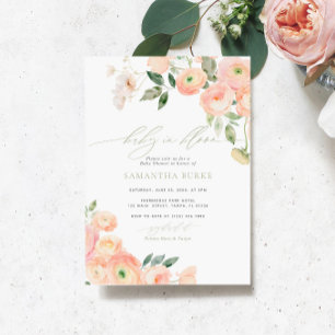 Convite Flores Verdes Blush & Sage Bebê em Chá Bloqueado