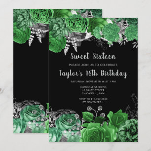 Convite Flores Verdes e Prata Elegantes Sweet Sixteen