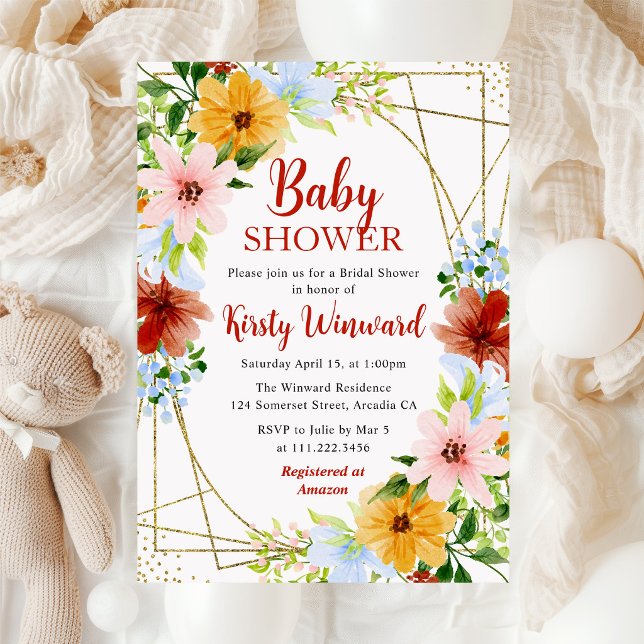 Convite Flores Vermelhas Amarelas Azuis Quadro Chá de Bebê (Criador carregado)