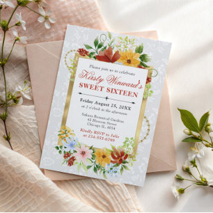 Convite Flores Vermelhas, Amarelas e Azuis Dourado Doce 16