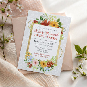 Convite Flores Vermelhas, Amarelas e Azuis Quinceanera Dou