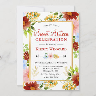 Convite Flores Vermelhas, Azuis e Amarelas Sweet Sixteen