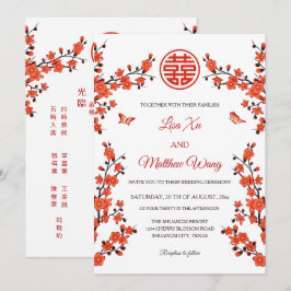 Convite Flores Vermelhas Bilíngues | Casamento Chinês