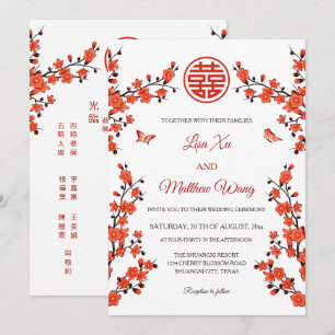 Convite Flores Vermelhas Bilíngues   Casamento Chinês