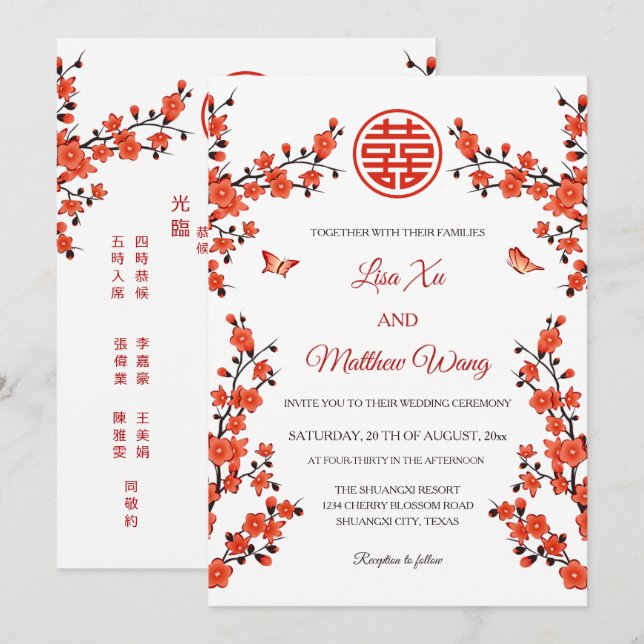 Convite Flores Vermelhas Bilíngues | Casamento Chinês (Frente/Verso)