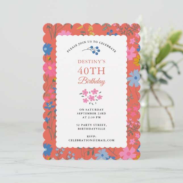 Convite Flores Vermelhas Boho de Flores Silvestres Anivers (Em pé/Frente)