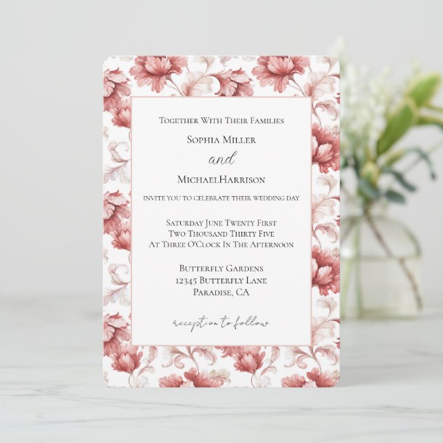 Convite Flores Vermelhas Chic Elegante Casamento (Em pé/Frente)