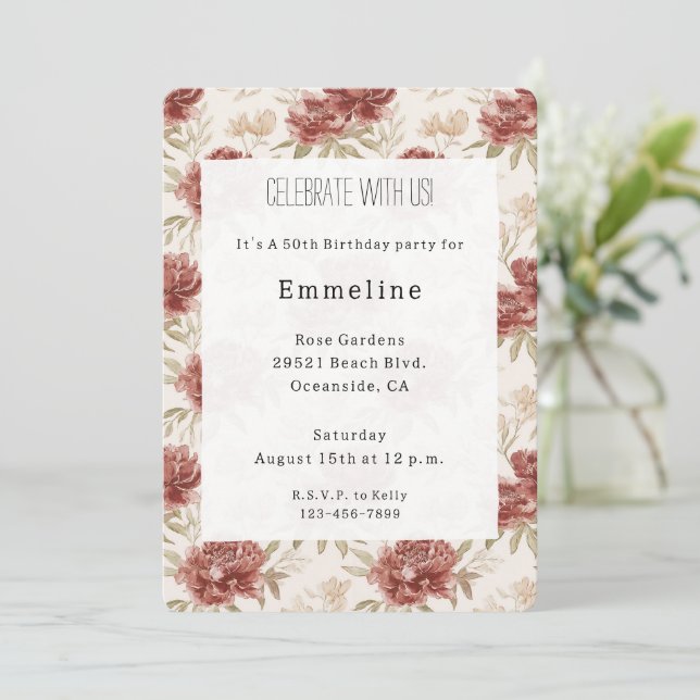 Convite Flores Vermelhas Creme de Aniversário (Em pé/Frente)