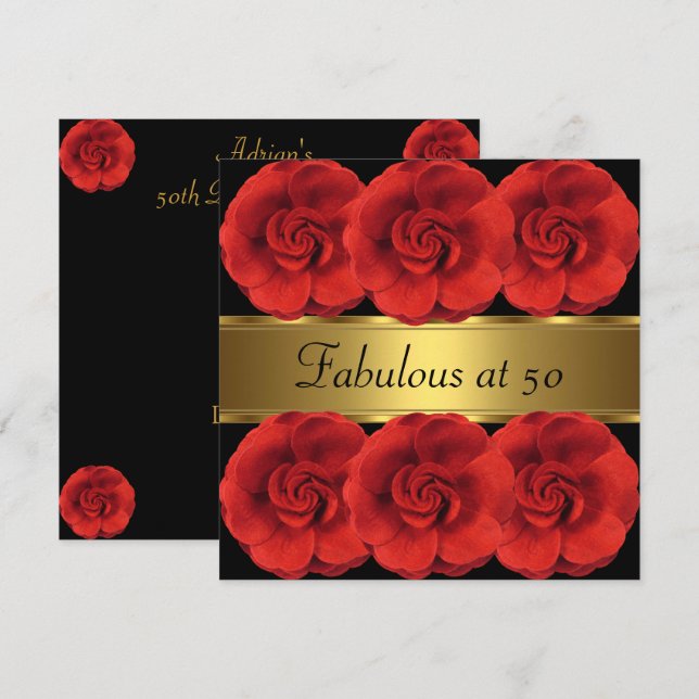 Convite Flores Vermelhas Dourado Preto Fabuloso 50 (Frente/Verso)