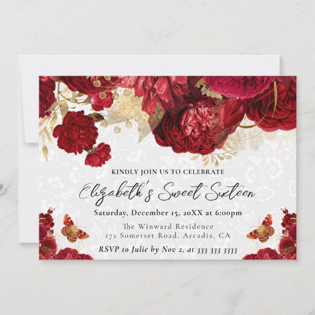 Convite Flores Vermelhas e Douradas em Aquarela Sweet Sixt (Frente)
