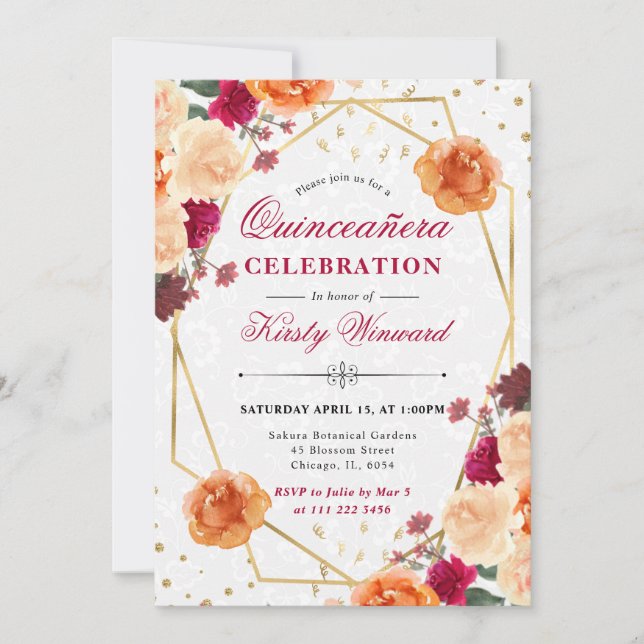 Convite Flores Vermelhas e Laranja Caias Quinceanera (Frente)