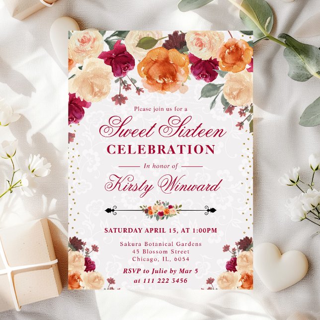 Convite Flores Vermelhas e Laranjas de Outono Sweet Sixtee (Criador carregado)