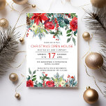 Convite Flores vermelhas Elegante Winter red Casa aberta d<br><div class="desc">A aquarela de inverno elegante modelo de convite à casa aberta da empresa de Natal, com borboletas vermelhas e rosas de marfim com flor de poinsettia sazonal, cones de pínus, ramos de abeto verde de sage, morangos vermelhos e folhagem. Você pode escolher personalizá-lo alterando ainda mais as fontes e as...</div>