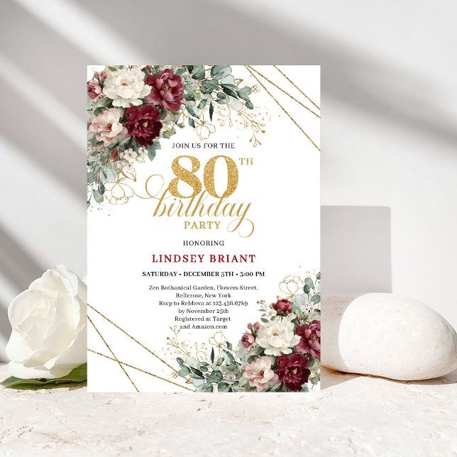 Convite Flores Vermelhas Elegantes Eucalipto Dourado 80º A (Stylish Deep Red Flowers Eucalyptus Gold 80th Birthday Card

)