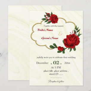 Convite flores vermelhas folhagem dourada coroa casamento