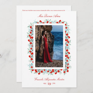 Convite Flores Vermelhas Garland Quinceañera sofisticada 