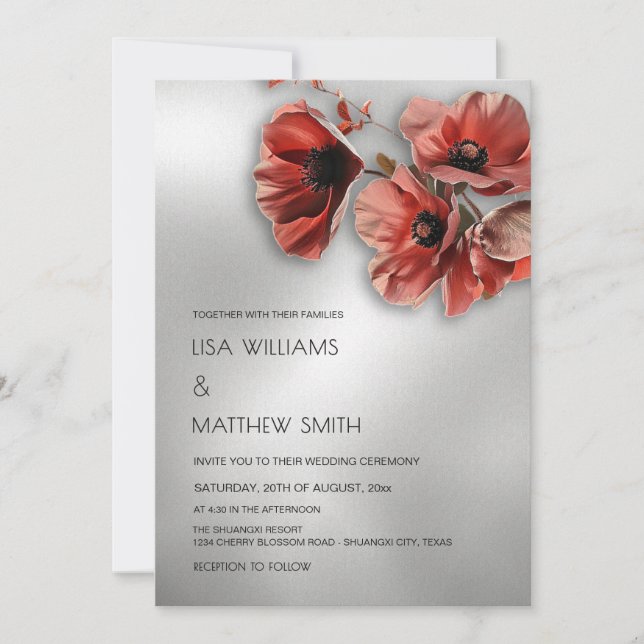 Convite Flores Vermelhas Prateadas Elegantes | Casamento d (Frente)