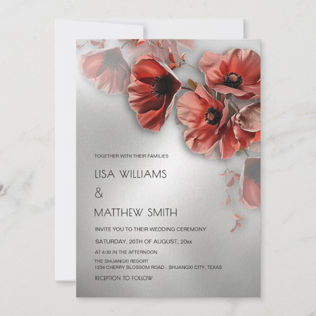 Convite Flores Vermelhas Prateadas Elegantes | Casamento F (Frente)