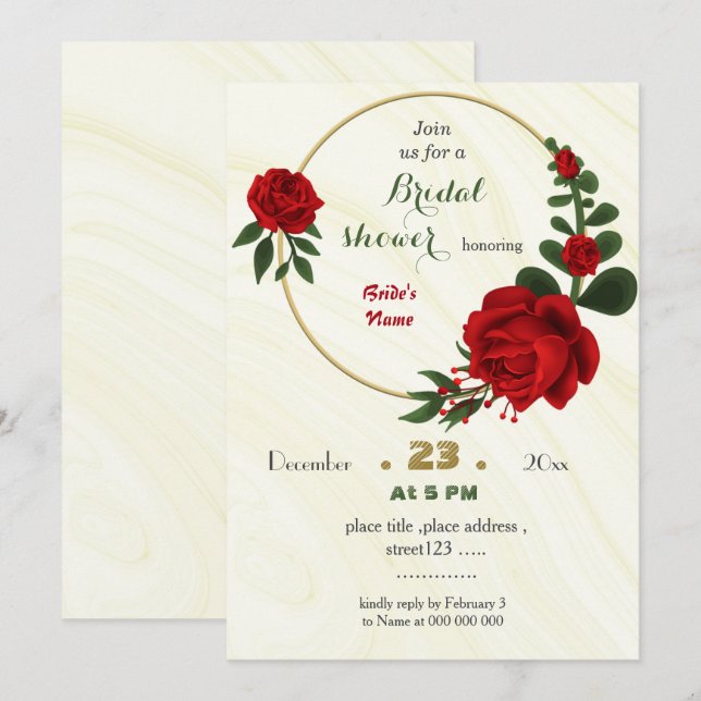 Convite flores vermelhas verde folhas chá de panela dourad (Frente/Verso)