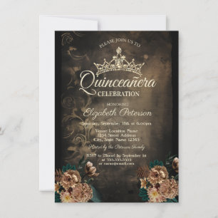 Convite Flores Vintage Damask Quinceañera Gótica Escura