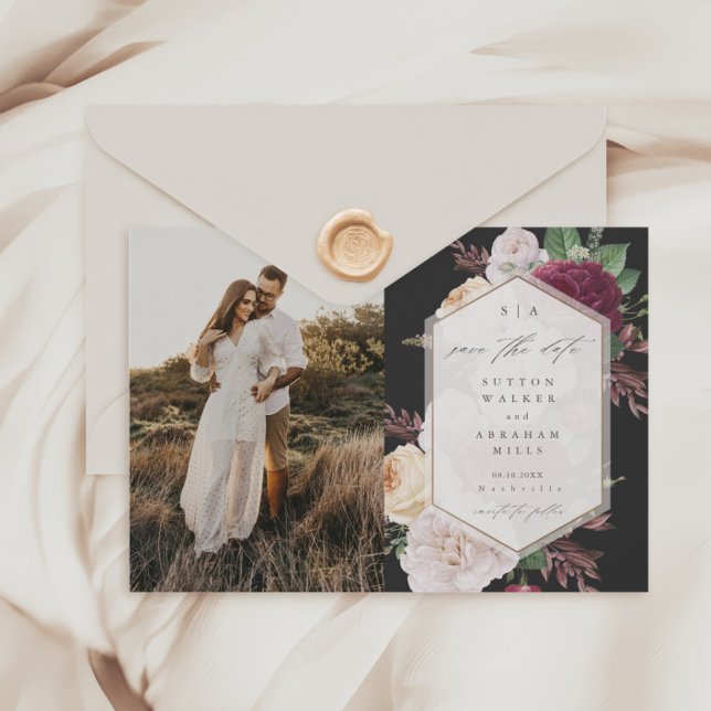 Convite Flores vintage foto casamento salvar a data (Vintage Floral Bouquet Black  Photo Wedding Save the Dates.)