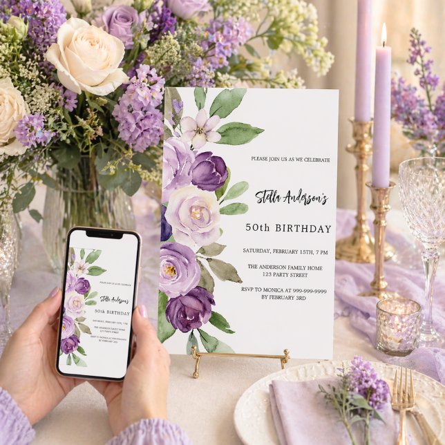 Convite Flores violeta roxo aniversário (Criador carregado)
