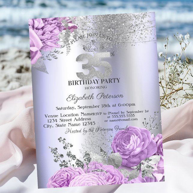 Convite Flores Violetas Brilho Lilás 35º Aniversário (Criador carregado)