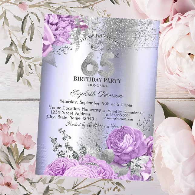 Convite Flores Violetas Brilho Lilás 65º Aniversário (Criador carregado)