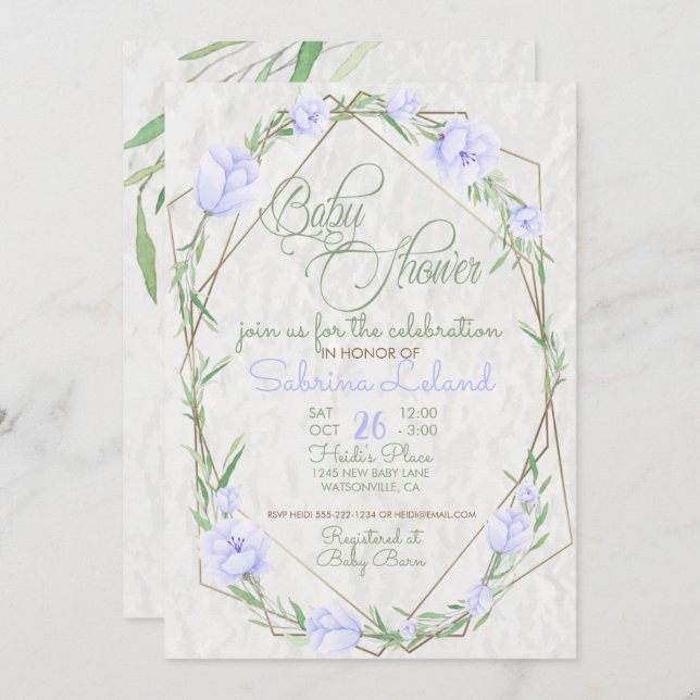Convite Flores Violetas Chá de fraldas Greenery Terrarium (Frente/Verso)