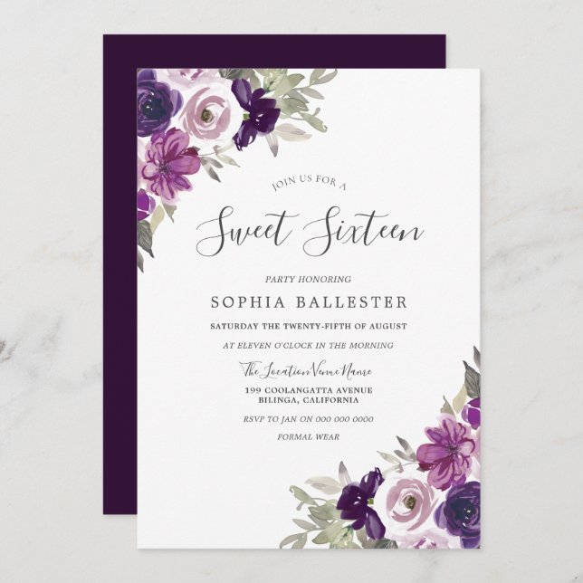 Convite Flores Violetas Roxas De Aquarelas Doce 16 (Frente/Verso)