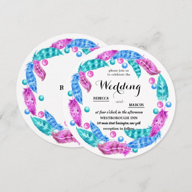 Convite Florescent boho wreath, elegância de cores vivas (Frente/Verso)