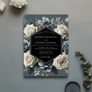 Convite Florescer Azul Ardósia Opulento Casamento